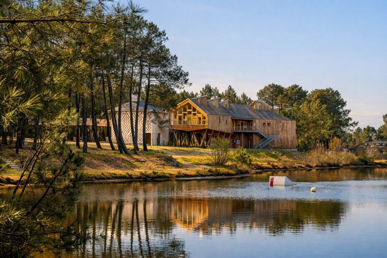 Bâtiment d'accueil en bois de La Double Aventure se reflétant dans le lac de Montendre en Charente-Maritime, entre Bordeaux, Saintes et Angoulême.